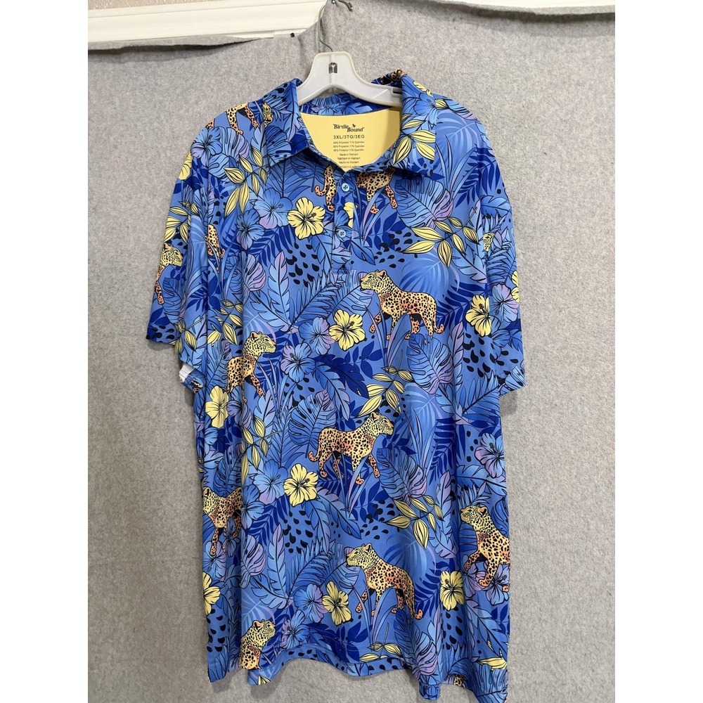 Birdie Bound Polo Shirt Mens 3XL Blue Floral Leopard Golf Stretch Tropical Knit